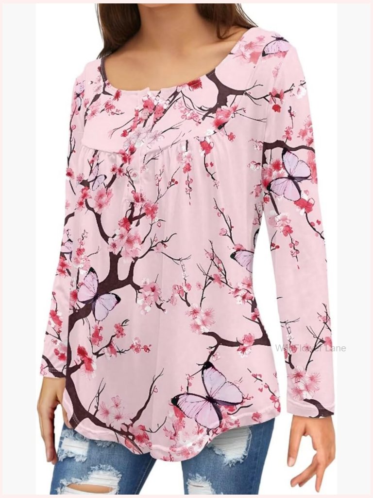 Long Sleeve Pleated V Neck Tunic Blouse Button Down Tops